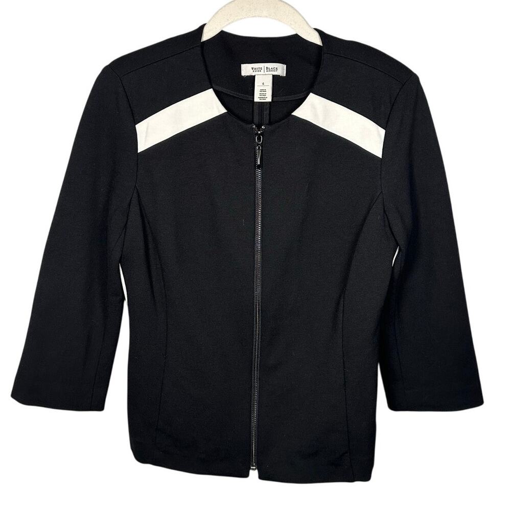 White House Black Market Black & White Striped 3/4 Sleeve Zip Up Jacket Womens 6